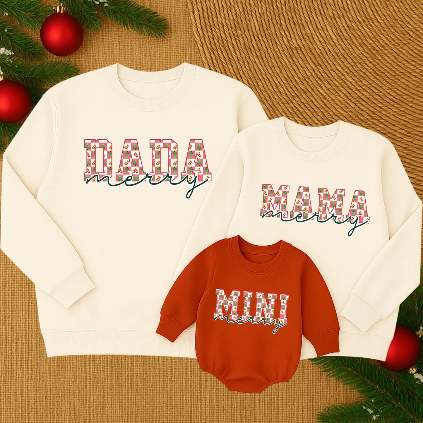 Matching Mama Mini Christmas Sweatshirt: Merry Red & White Check, Tree & Bell Design, Festive Mommy and Me Holiday Outfit, Cozy Matching Family Sweaters