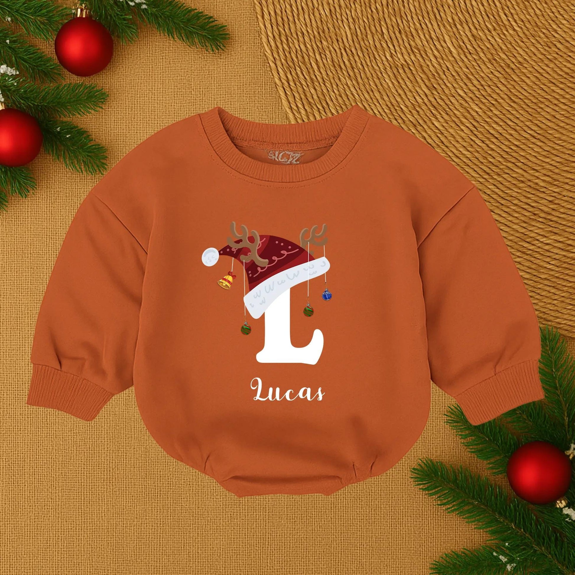 Lucas's First Christmas Baby Romper Santa Hat Reindeer Antlers Ornaments Gold Bell Personalized Baby Boy Outfit Festive Joyful