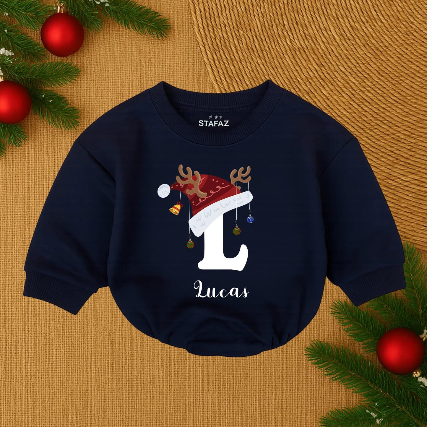 Lucas's First Christmas Baby Romper Santa Hat Reindeer Antlers Ornaments Gold Bell Personalized Baby Boy Outfit Festive Joyful