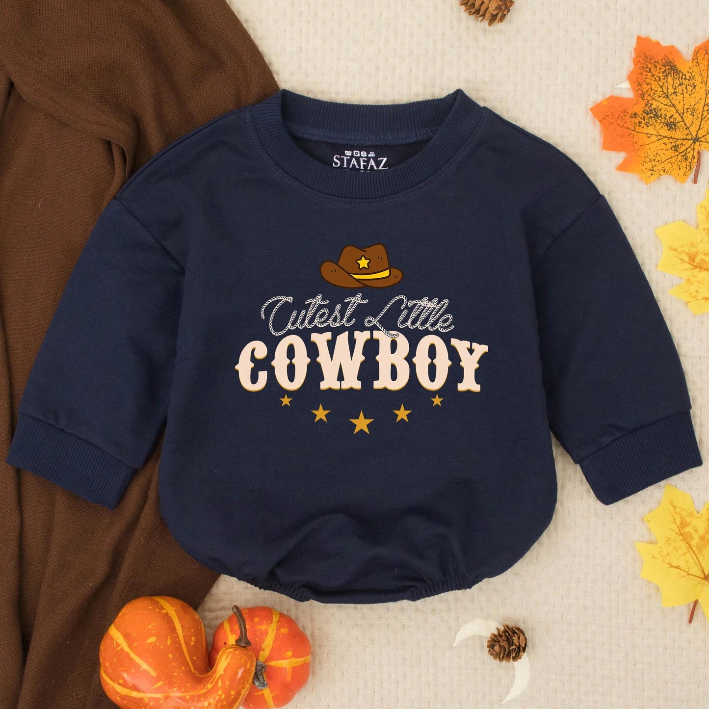 Cutest Little Cowboy Romper Vintage Western Baby Bodysuit Country Sweatshirt Gender Neutral Newborn Clothes Shower Gift with Star Hat Design