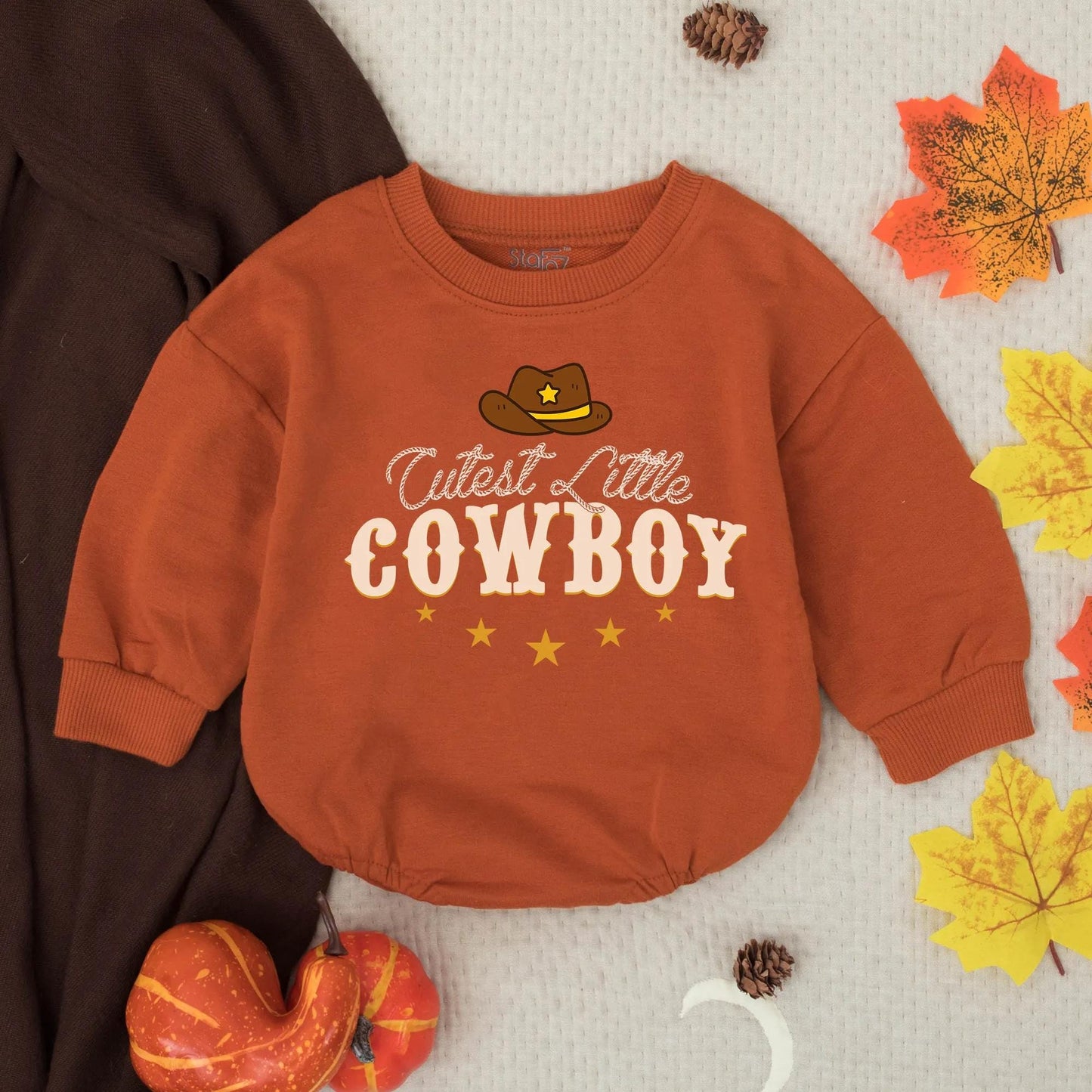 Cutest Little Cowboy Romper Vintage Western Baby Bodysuit Country Sweatshirt Gender Neutral Newborn Clothes Shower Gift with Star Hat Design