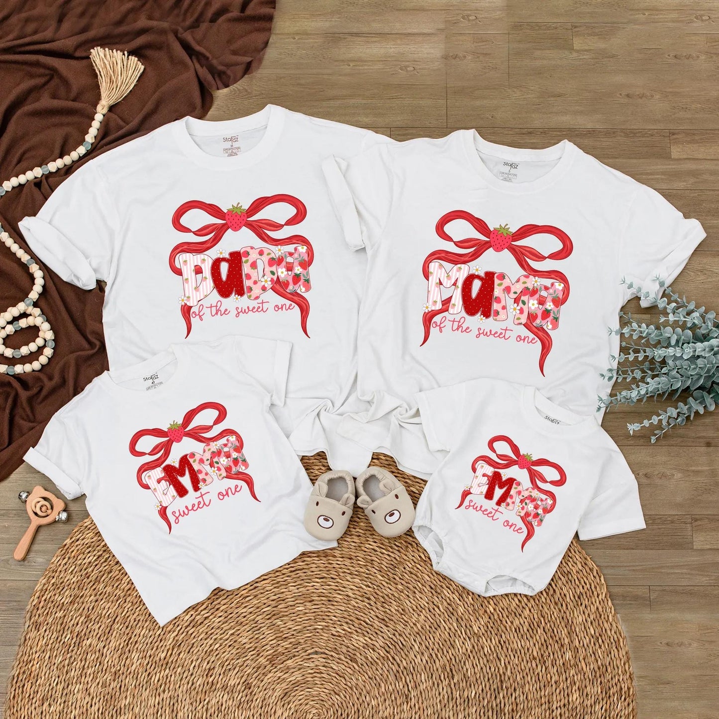 Sweet One Strawberry Birthday Family Shirts: Matching Red Ribbon Berry First Birthday Outfit for Mom, Dad, Emma & Baby. Whimsical Celebration, Cotton Soft (137)