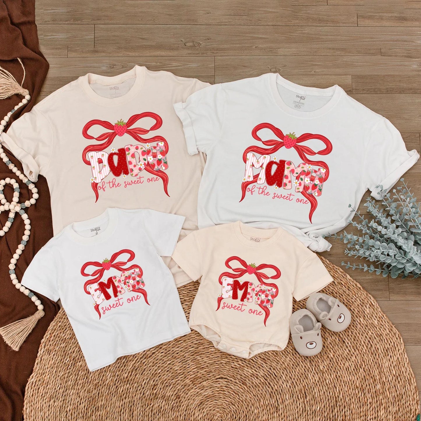 Sweet One Strawberry Birthday Family Shirts: Matching Red Ribbon Berry First Birthday Outfit for Mom, Dad, Emma & Baby. Whimsical Celebration, Cotton Soft (137)