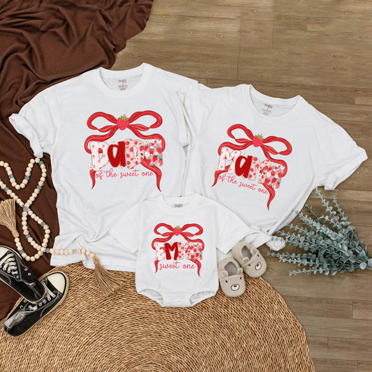 Sweet One Strawberry Birthday Family Shirts: Matching Red Ribbon Berry First Birthday Outfit for Mom, Dad, Emma & Baby. Whimsical Celebration, Cotton Soft (137)