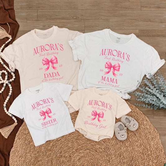 Aurora's First Birthday Matching Family Shirts, Cute Pink Bow Outfit, Birthday Girl Tee,  2025 Celebration, Personalized Family Birthday,  Party (139 chars)