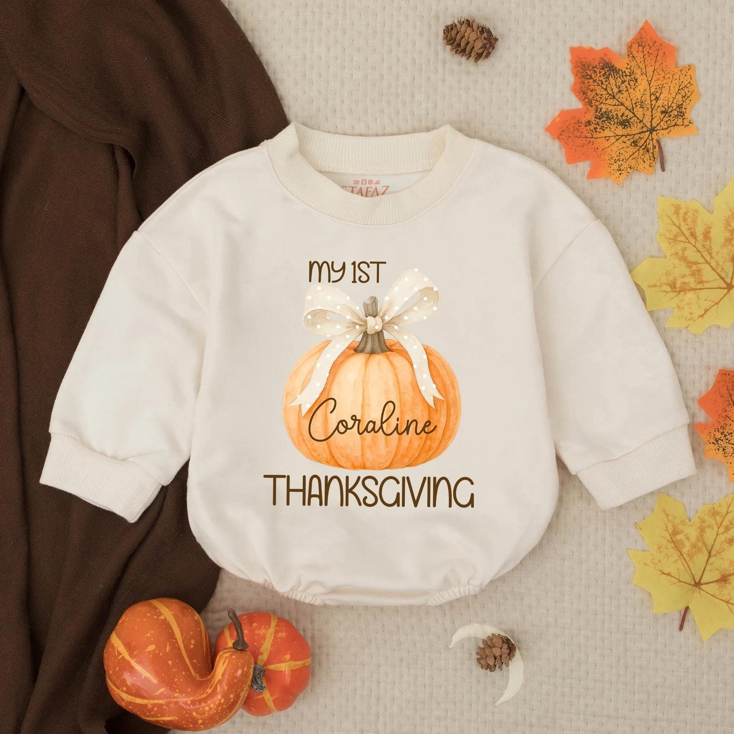 Personalized Baby Girl My 1st Thanksgiving Romper with Watercolor Pumpkin Bow Custom Name Fall Newborn Infant Outfit Sweet Gift