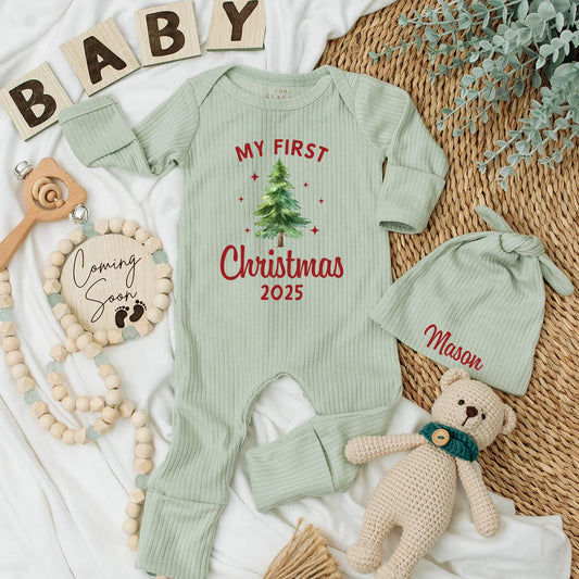 My First Christmas 2025 Baby Bodysuit, Cute Xmas Tree Design, Red "MY FIRST" & Year Print, Newborn Xmas Gift, Gender Neutral