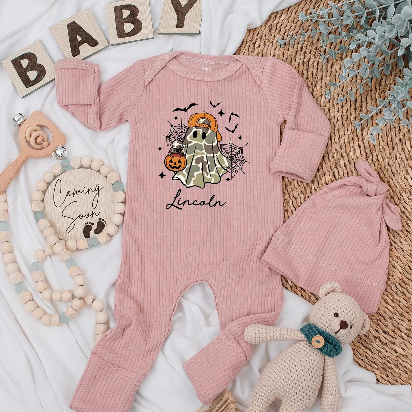 Personalized Spooky Ghost Baby Boy Bodysuit Lincoln Halloween Newborn Outfit Camo Orange Cap Jack-o-Lantern Halloween Coming Home Baby Shower Gift