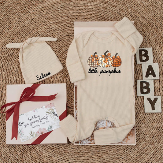 Little Pumpkin Baby Bodysuit, Vintage Floral Plaid Patchwork Romper, Thanksgiving Outfit, Fall Newborn Clothes, Autumn Shower Gift, Personalized Name (139)