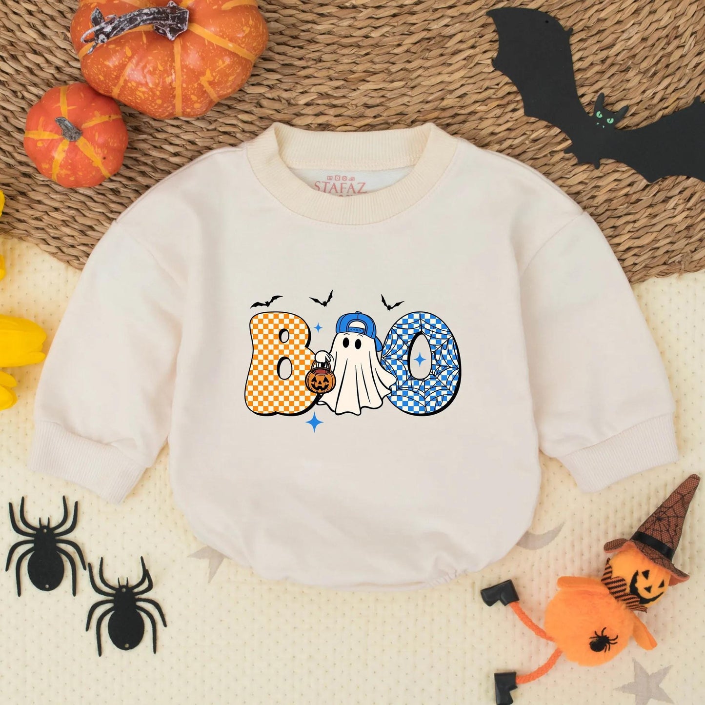Cute Boo Ghost Toddler Halloween Shirt with Checkerboard Letters Bats and Stars Playful Blue Baseball Cap Pumpkin Candy Bucket Design