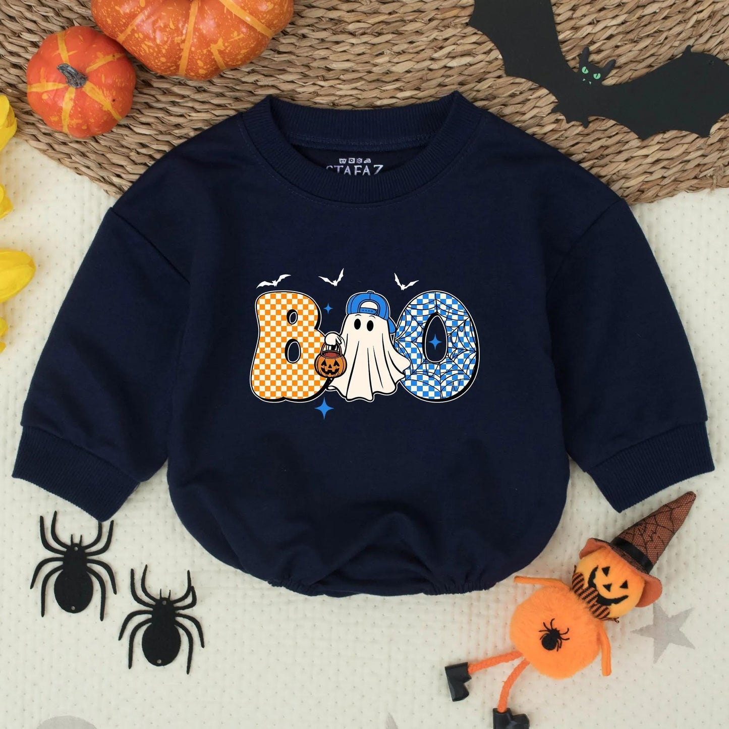 Cute Boo Ghost Toddler Halloween Shirt with Checkerboard Letters Bats and Stars Playful Blue Baseball Cap Pumpkin Candy Bucket Design