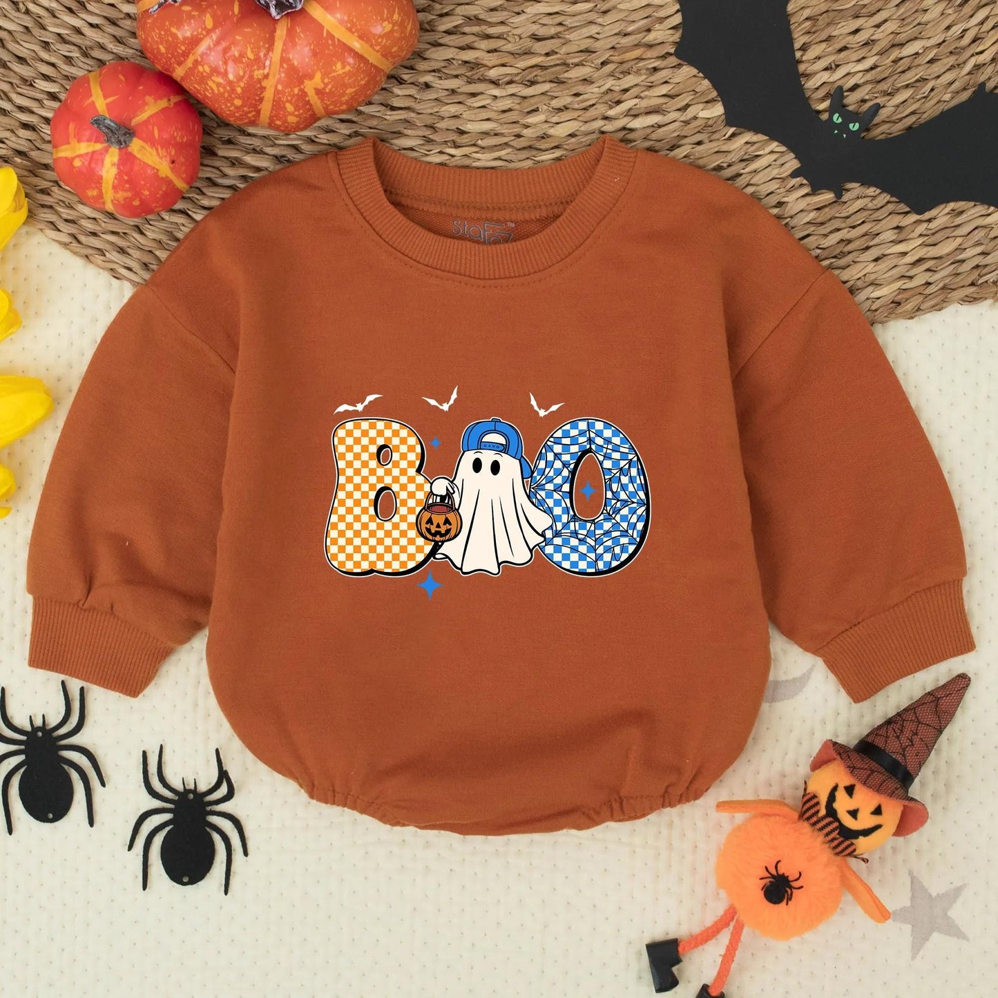 Cute Boo Ghost Toddler Halloween Shirt with Checkerboard Letters Bats and Stars Playful Blue Baseball Cap Pumpkin Candy Bucket Design