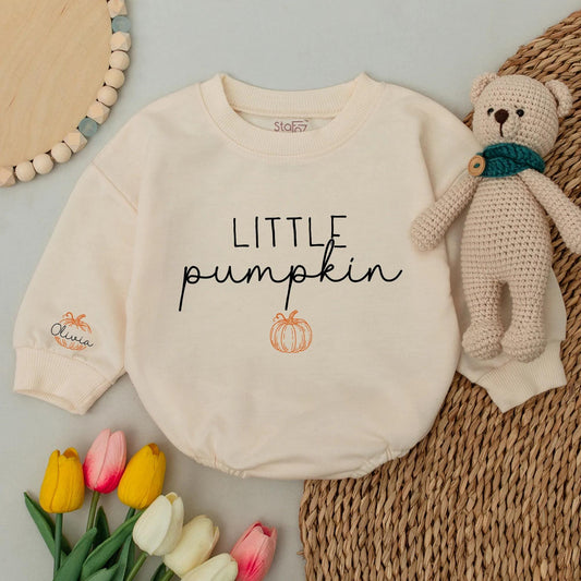Personalized Little Pumpkin Baby Romper Cute Fall Bodysuit Custom Name Sleeve Design Natural Thanksgiving Matching Outfit Style