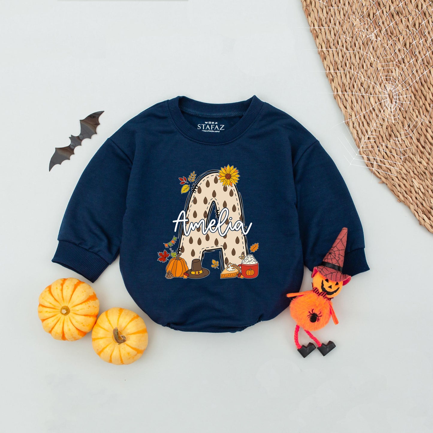 Custom Fall Bubble Romper for Girls featuring Polka Dot A Design with Amelia Name, Autumn Sunflowers Pumpkins Leaves Pie Slice Theme Playful Baby Toddler Outfit