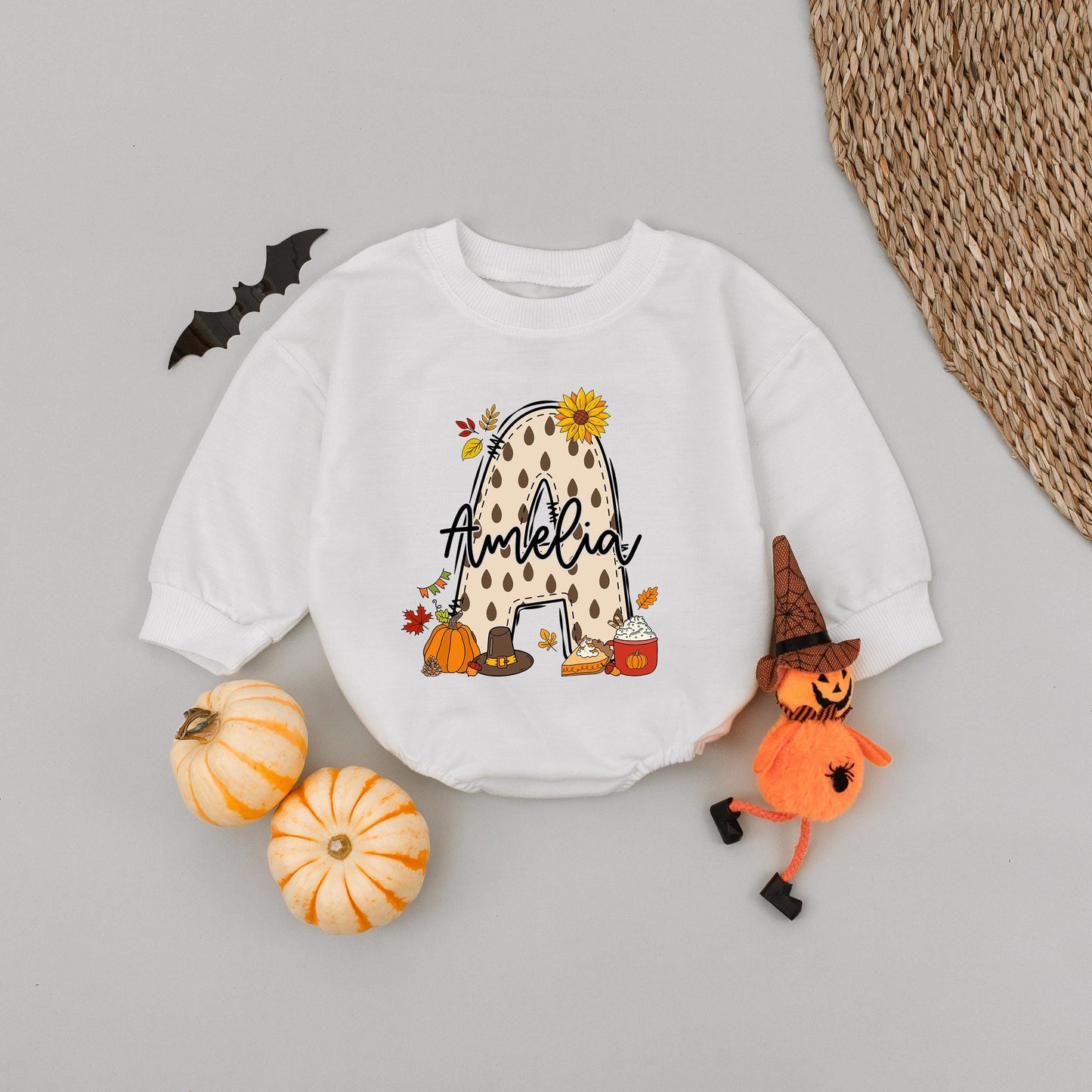 Custom Fall Bubble Romper for Girls featuring Polka Dot A Design with Amelia Name, Autumn Sunflowers Pumpkins Leaves Pie Slice Theme Playful Baby Toddler Outfit