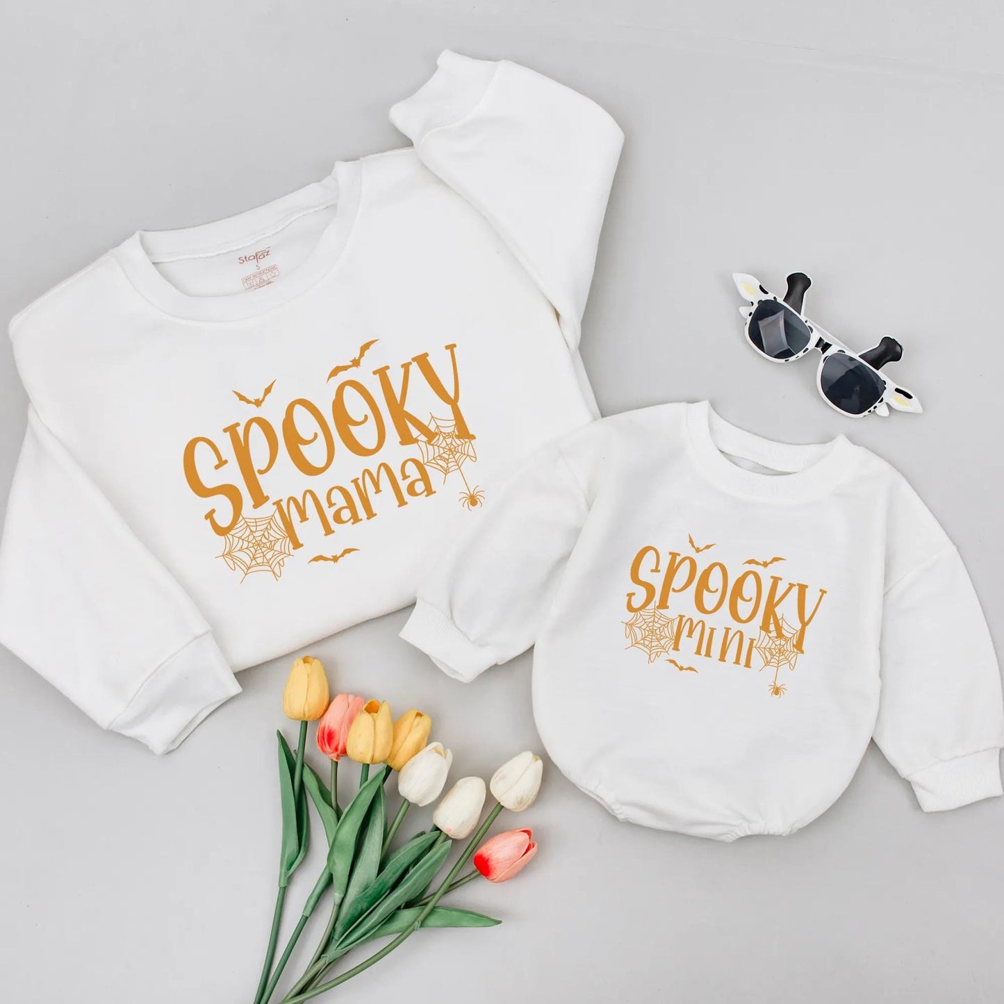 Spooky Mama & Mini Halloween Matching Shirts: Orange & White Spiderweb, Spider, Bat Designs, Mommy and Me Family Outfit