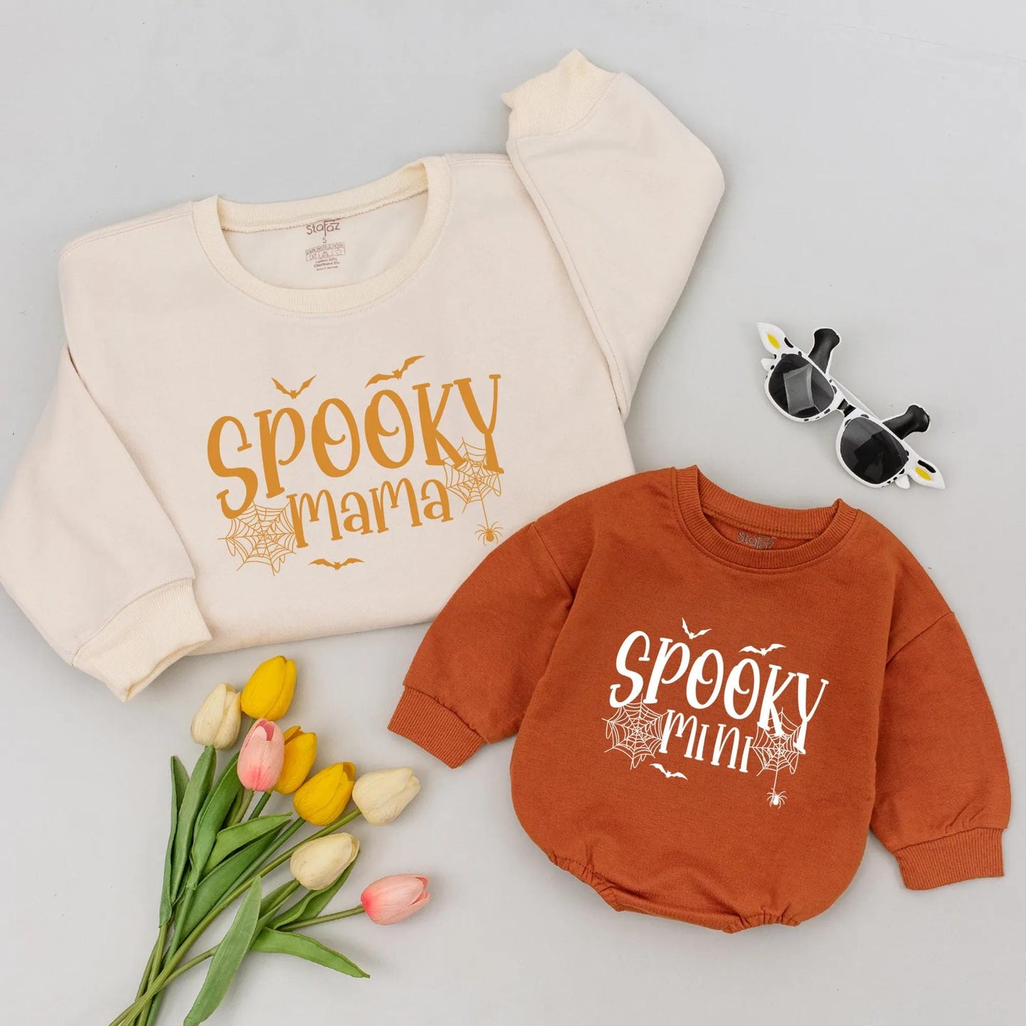 Spooky Mama & Mini Halloween Matching Shirts: Orange & White Spiderweb, Spider, Bat Designs, Mommy and Me Family Outfit