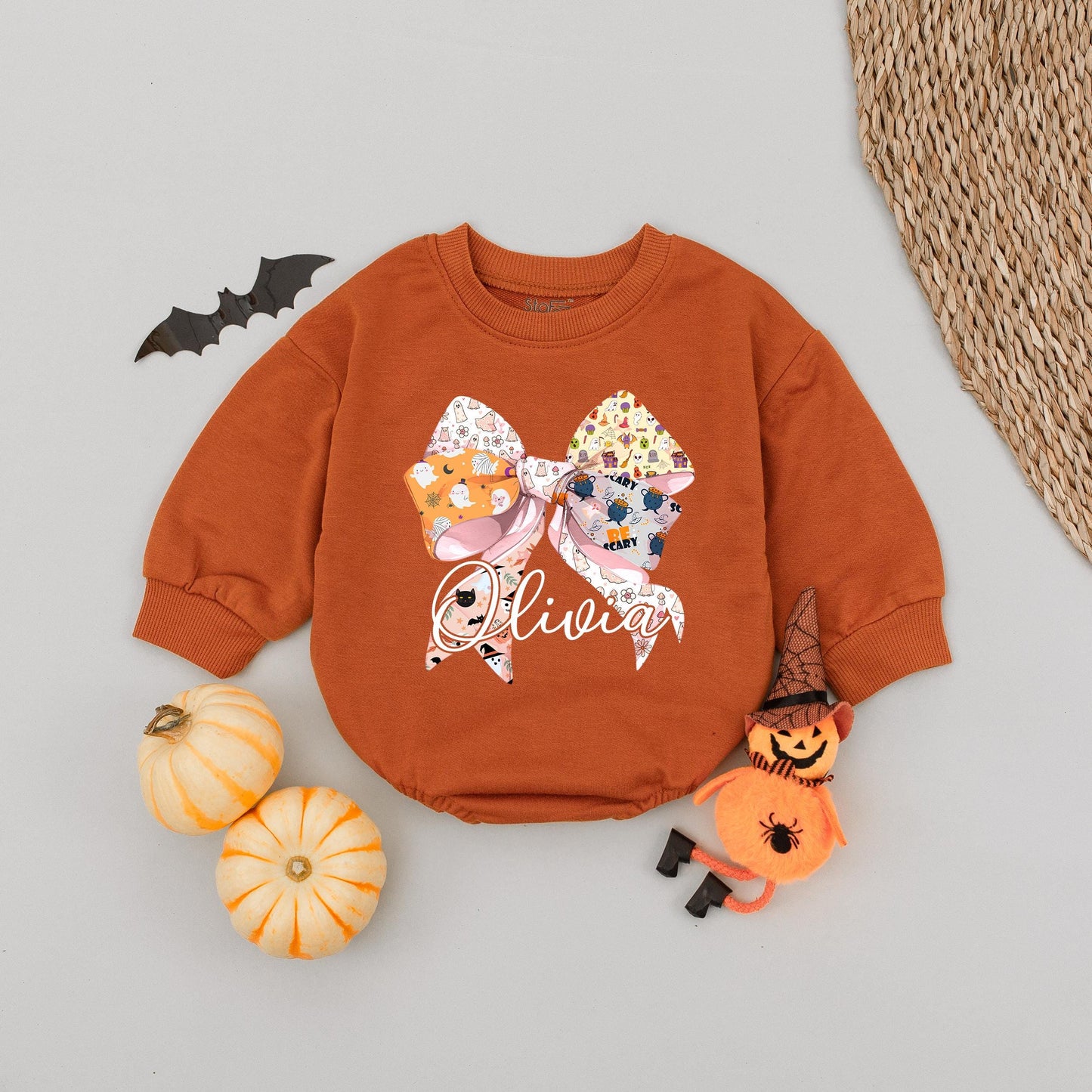 Custom Name Halloween Pink Bow Baby Romper Sweater Cute Ghost Pumpkin Bat 'Be Scary' Design for Fall Festive Newborn