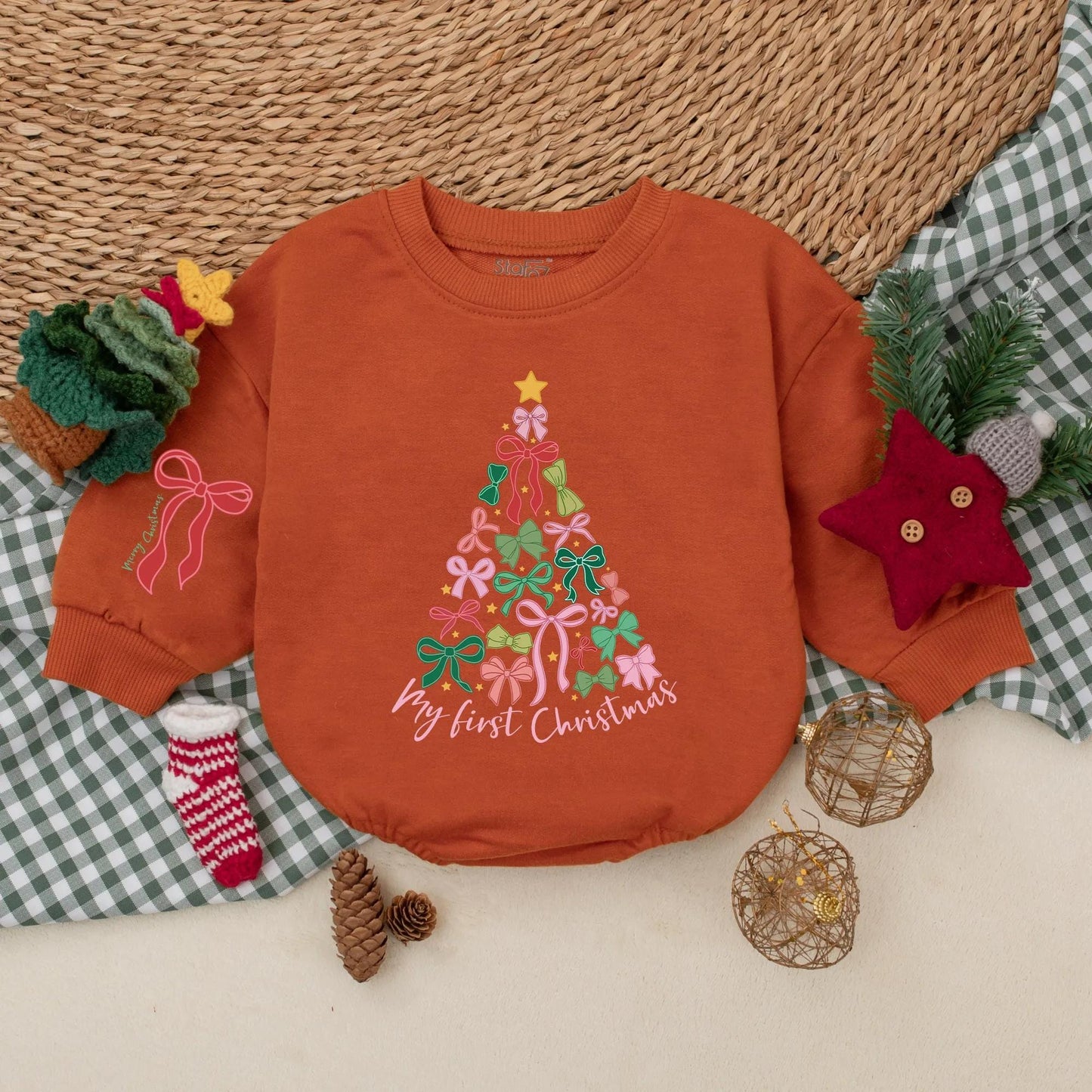 Baby Girl's My First Christmas Tree Bow Romper Outfit: Festive Holiday Baby Clothes with 'Merry Christmas' on Sleeve