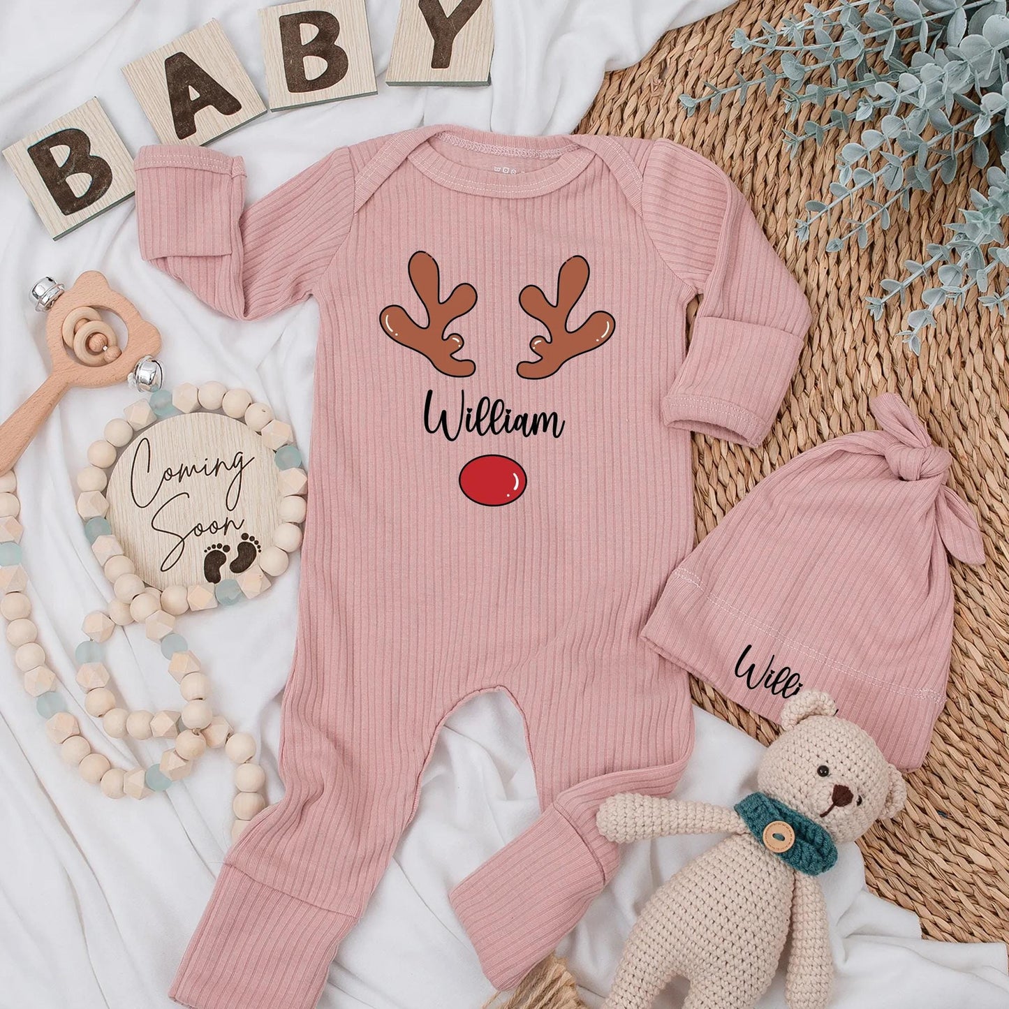 Personalized Baby Boy Reindeer Bodysuit My 1st Christmas Outfit Cute Black Cursive Name Red Nose Festive Newborn Gift Idea
