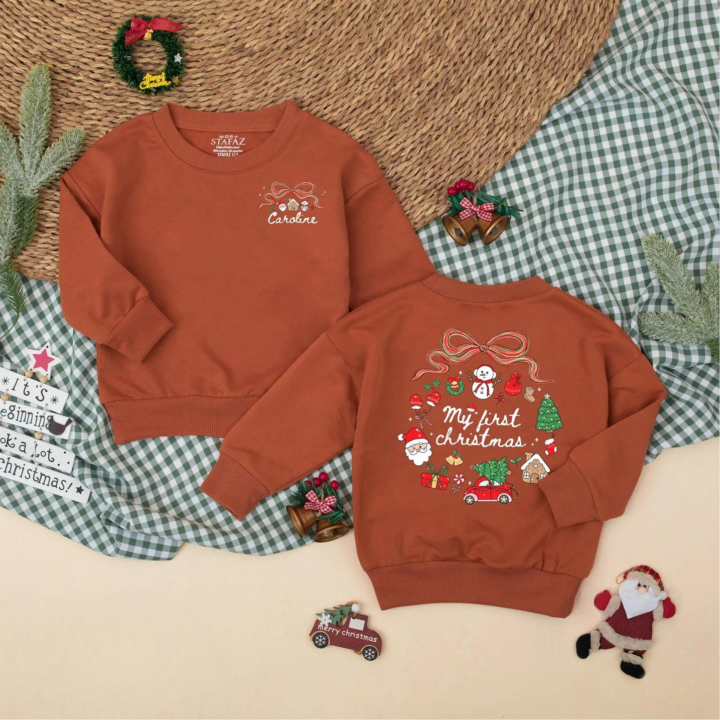 Personalized My First Christmas Bubble Romper Baby Girl adorable holiday outfit with festive bow snowman Santa tree graphics for a precious Christmas photo memory