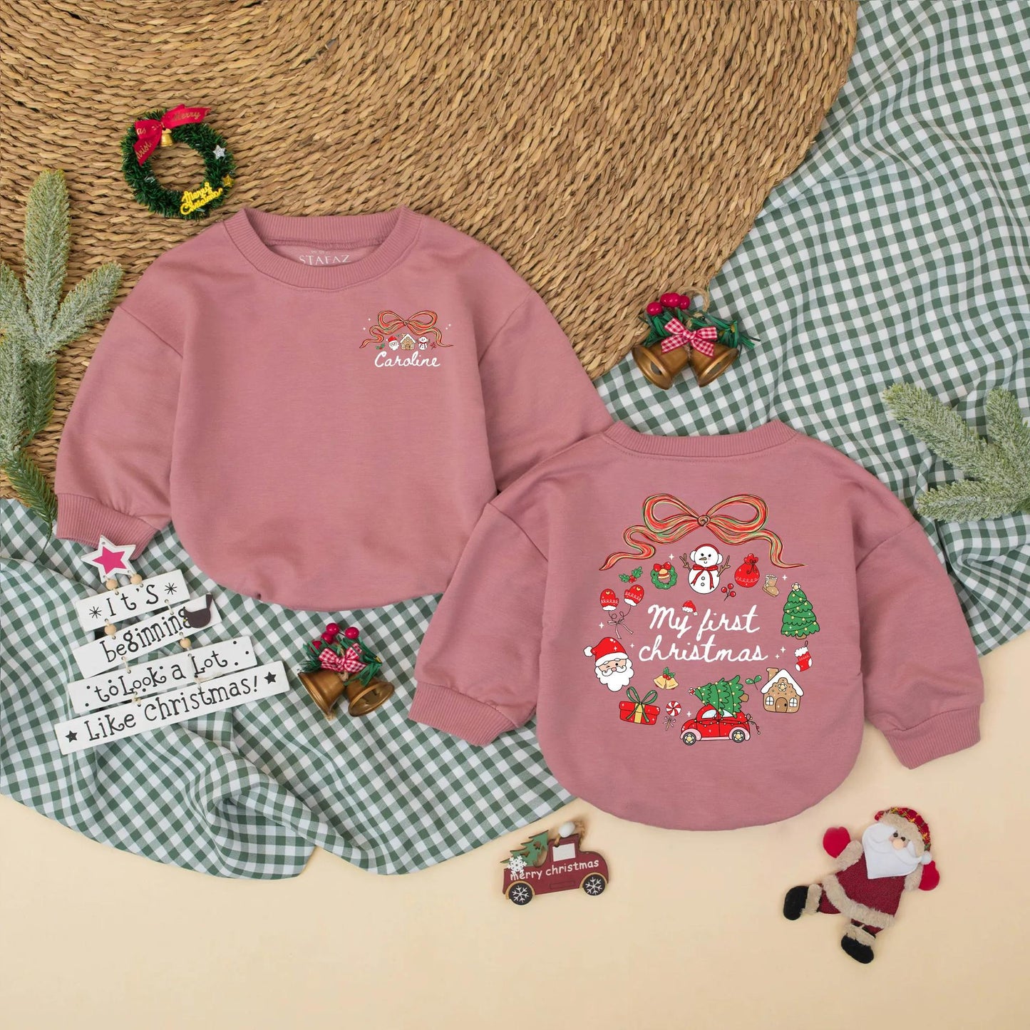 Personalized My First Christmas Bubble Romper Baby Girl adorable holiday outfit with festive bow snowman Santa tree graphics for a precious Christmas photo memory