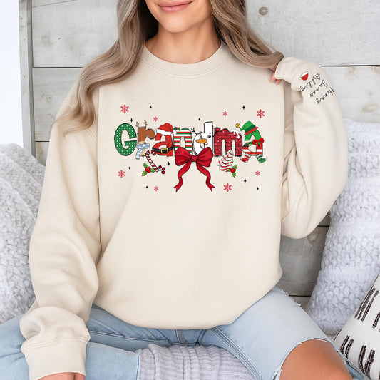 Custom Christmas Grandma Sweater with Grandkids Names on Sleeve Festive Santa Hat Snowman Candy Cane Design Gift for Nana