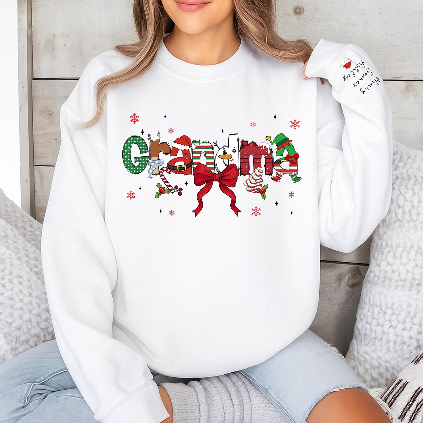 Custom Christmas Grandma Sweater with Grandkids Names on Sleeve Festive Santa Hat Snowman Candy Cane Design Gift for Nana