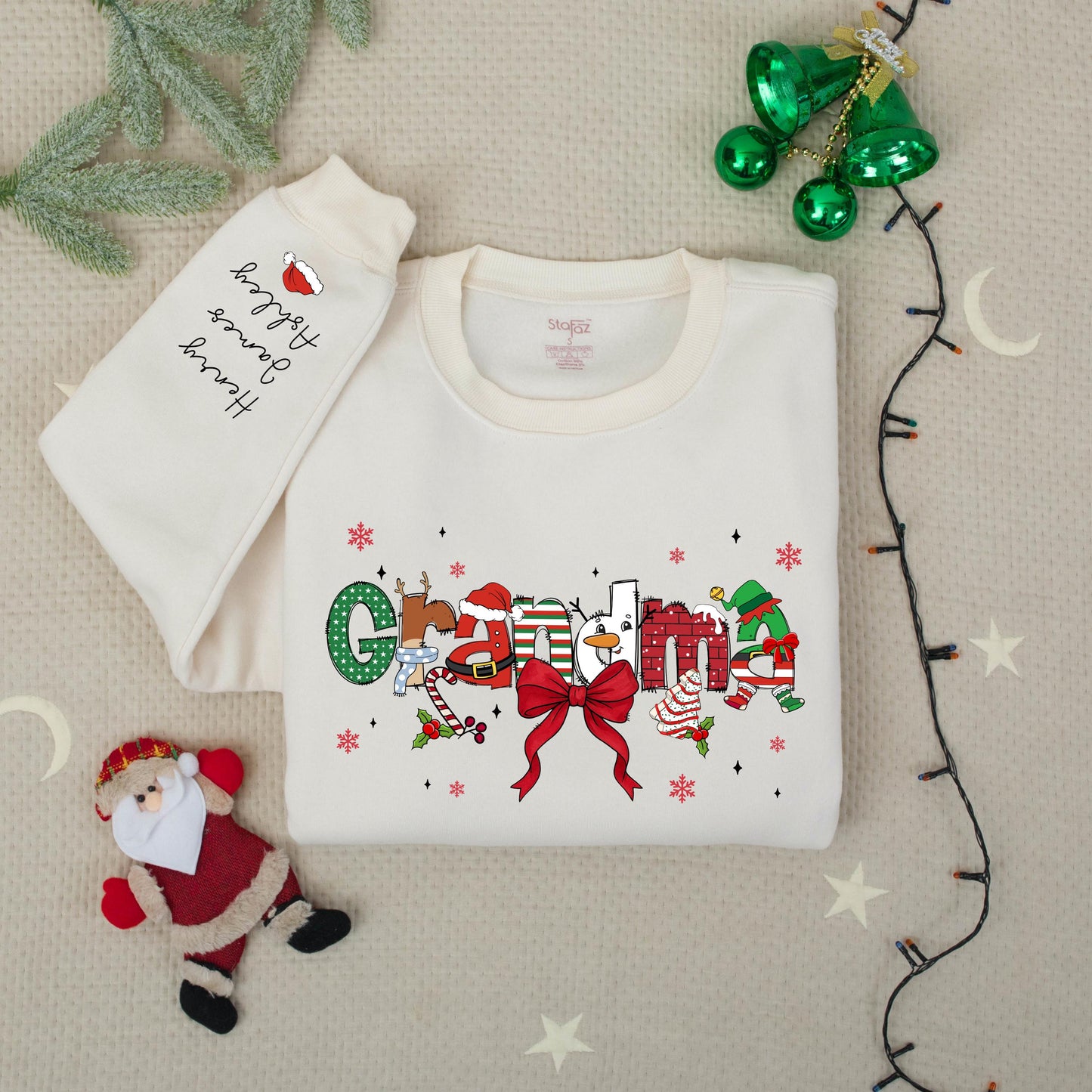 Custom Christmas Grandma Sweater with Grandkids Names on Sleeve Festive Santa Hat Snowman Candy Cane Design Gift for Nana