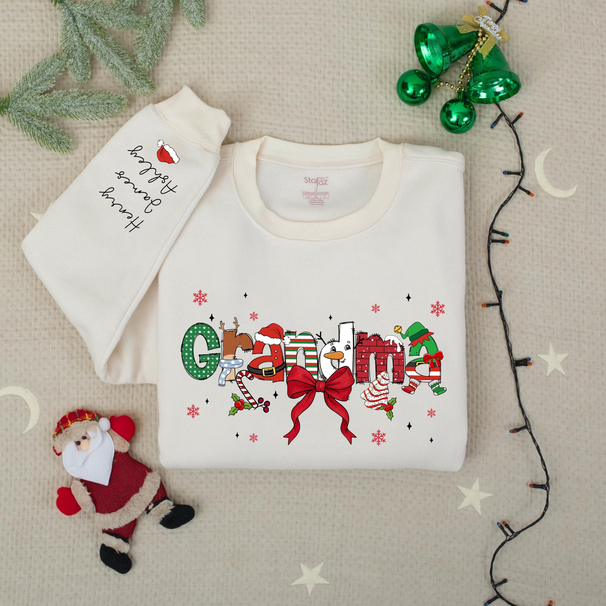 Custom Christmas Grandma Sweater with Grandkids Names on Sleeve Festive Santa Hat Snowman Candy Cane Design Gift for Nana