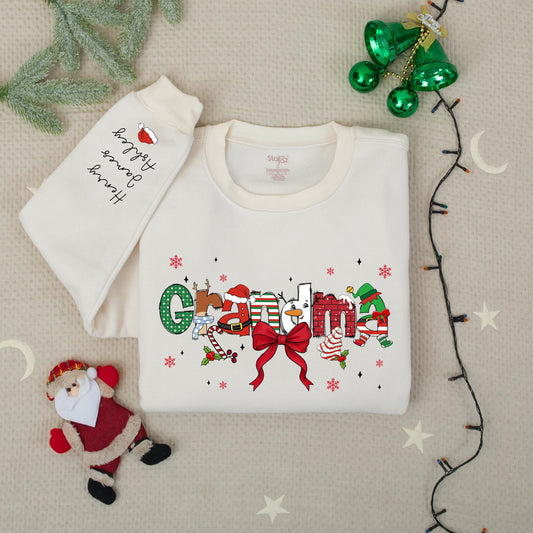 Custom Christmas Grandma Sweater with Grandkids Names on Sleeve Festive Santa Hat Snowman Candy Cane Design Gift for Nana