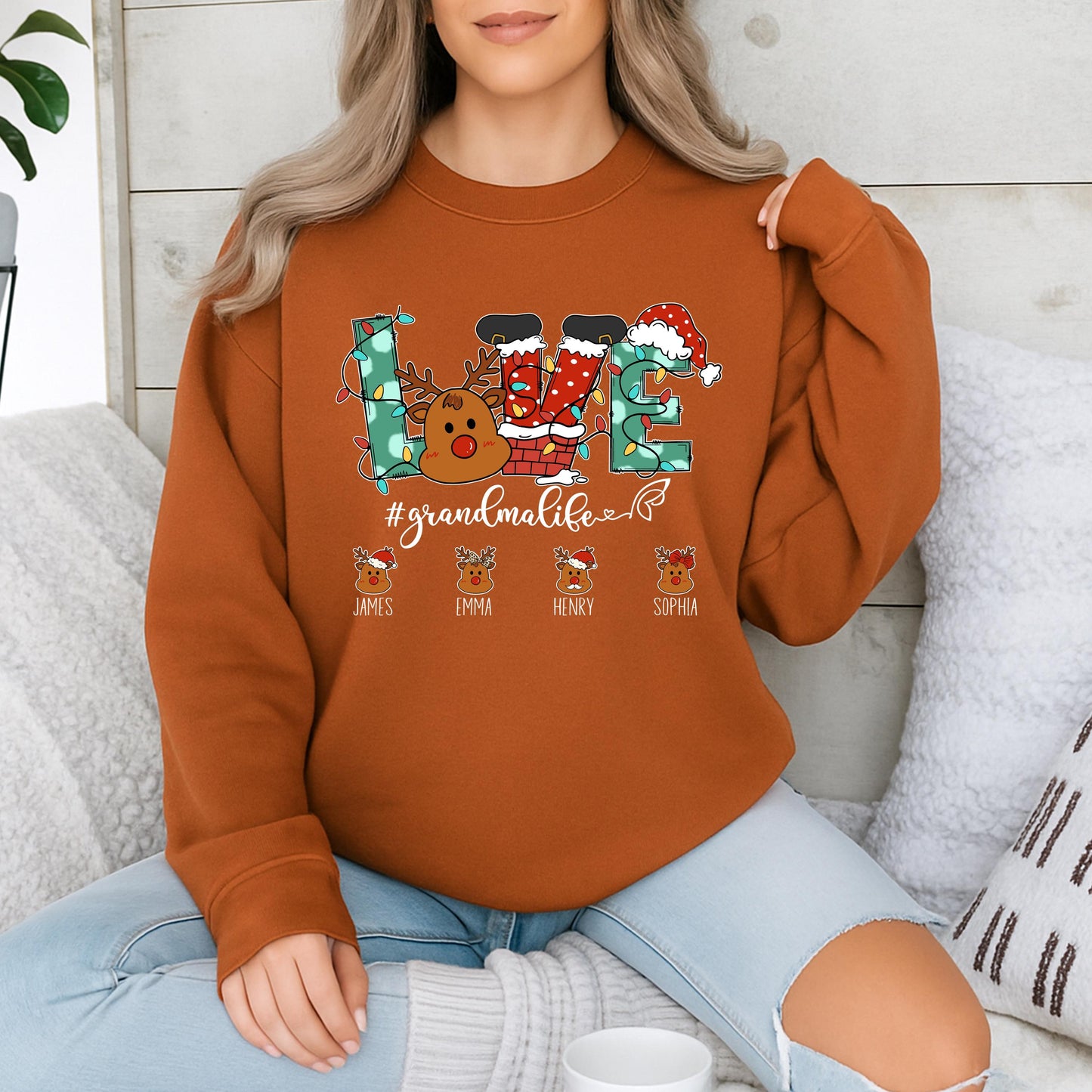 Custom Christmas Grandma Sweatshirt with Reindeer Love Letters Grandkid Names Festive Holiday Sweater Featuring Santa Hat & Stockings #GrandmaLife