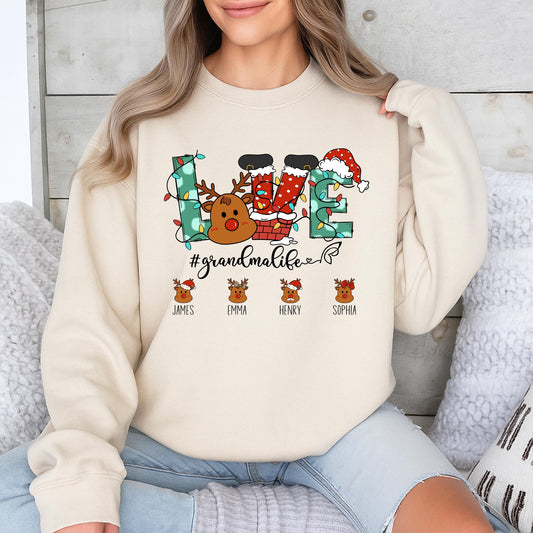 Custom Christmas Grandma Sweatshirt with Reindeer Love Letters Grandkid Names Festive Holiday Sweater Featuring Santa Hat & Stockings #GrandmaLife