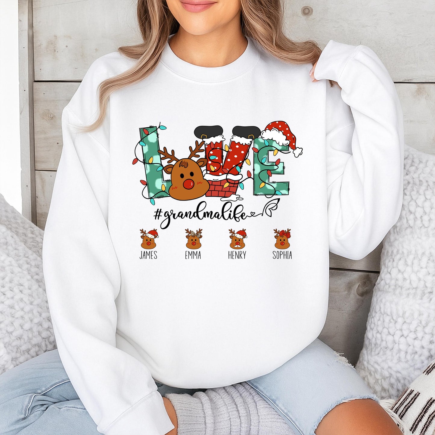 Custom Christmas Grandma Sweatshirt with Reindeer Love Letters Grandkid Names Festive Holiday Sweater Featuring Santa Hat & Stockings #GrandmaLife