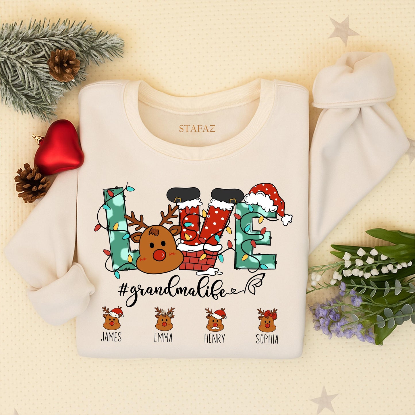 Custom Christmas Grandma Sweatshirt with Reindeer Love Letters Grandkid Names Festive Holiday Sweater Featuring Santa Hat & Stockings #GrandmaLife