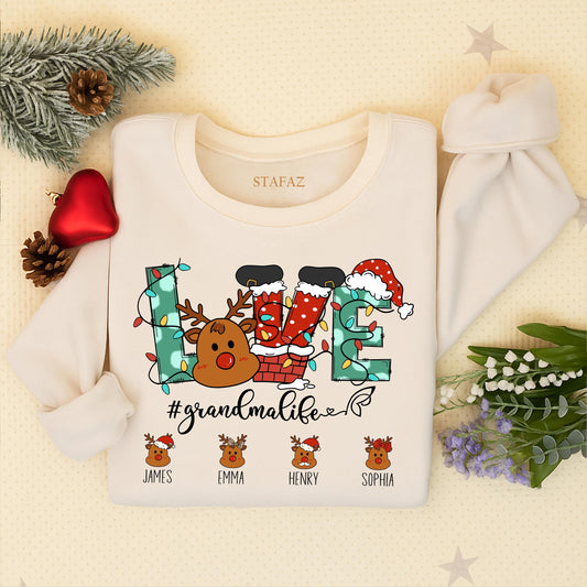 Custom Christmas Grandma Sweatshirt with Reindeer Love Letters Grandkid Names Festive Holiday Sweater Featuring Santa Hat & Stockings #GrandmaLife