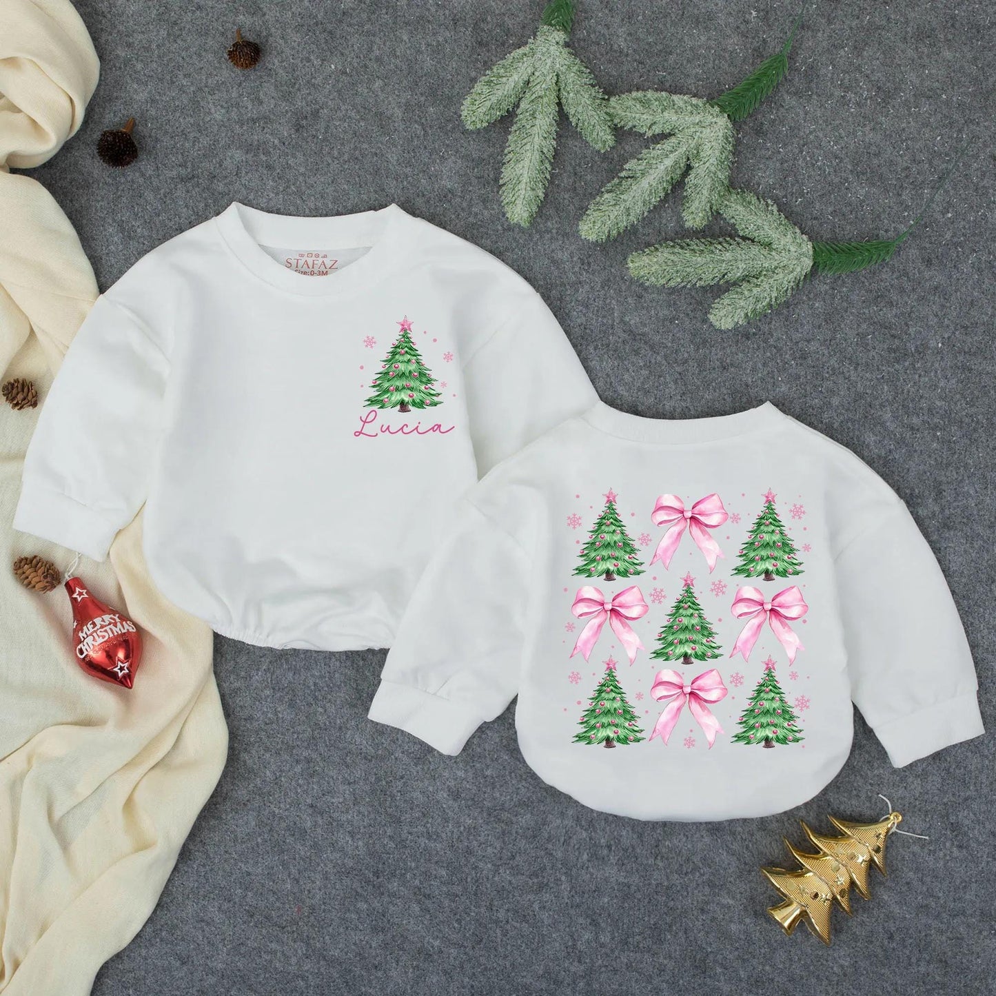Personalized Pink Christmas Tree Bubble Romper Baby Girl First Christmas Outfit Lucia Name Adorable Pink Bow Pattern Sweatshirt Newborn Winter Pullover