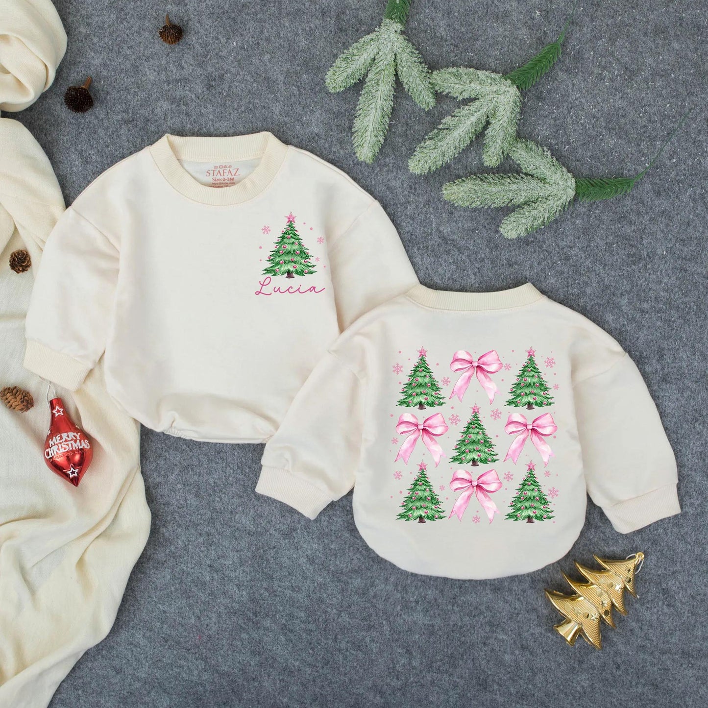 Personalized Pink Christmas Tree Bubble Romper Baby Girl First Christmas Outfit Lucia Name Adorable Pink Bow Pattern Sweatshirt Newborn Winter Pullover