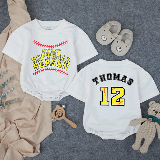 Personalized Baby Softball Romper My First Season Yellow Lettering Red Stitching Name Number Detail Game Day Summer Outfit Soft Comfortable
