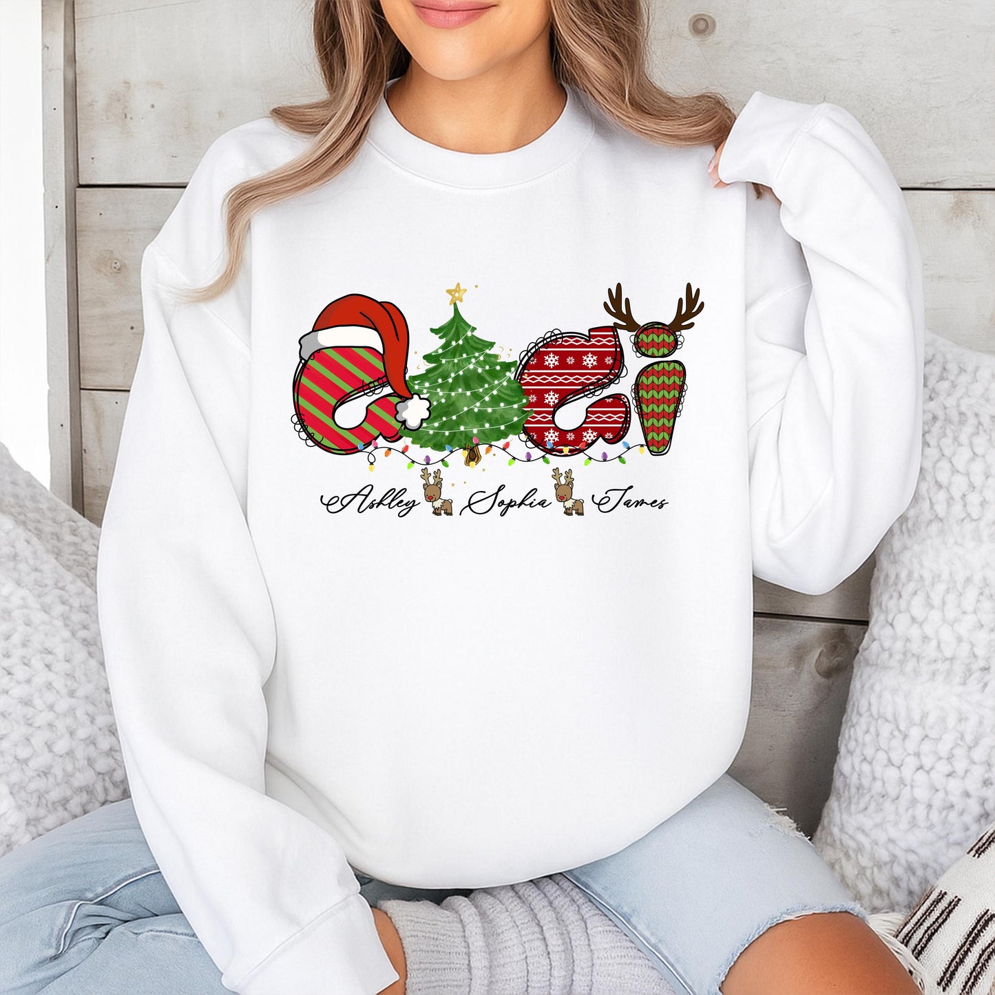 Custom GiGi Claus Christmas Sweatshirt with Grandkids Names Ashley, Sophia, James, Festive Holiday Gift for Grandma, Nana Xmas Sweater