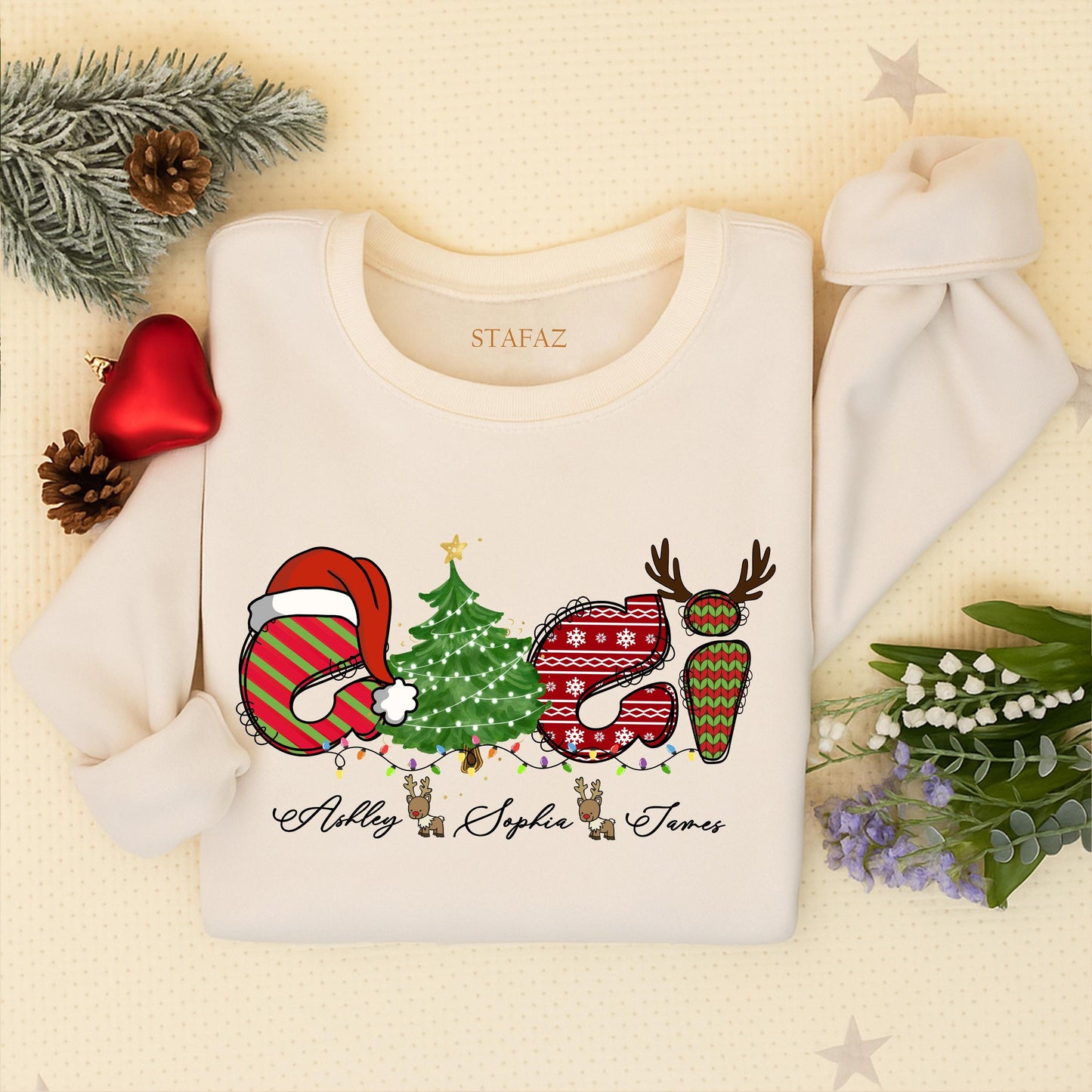 Custom GiGi Claus Christmas Sweatshirt with Grandkids Names Ashley, Sophia, James, Festive Holiday Gift for Grandma, Nana Xmas Sweater