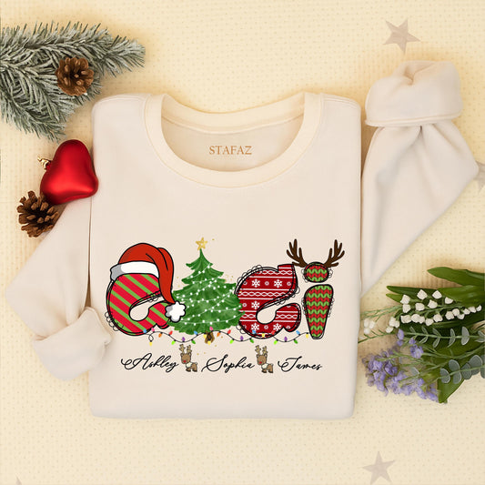 Custom GiGi Claus Christmas Sweatshirt with Grandkids Names Ashley, Sophia, James, Festive Holiday Gift for Grandma, Nana Xmas Sweater