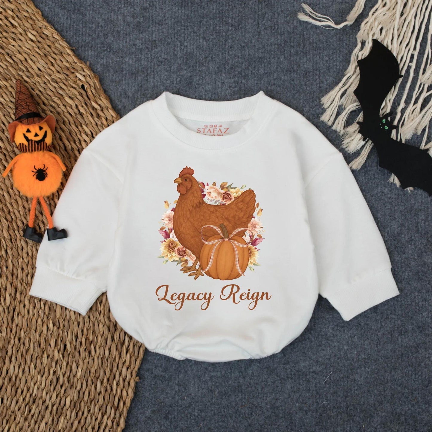 Hen & Pumpkin Thanksgiving Baby Romper, Fall Farm Girl Outfit with Bow, Autumn Infant Clothes, Legacy Reign Bodysuit, Rustic Shower Gift, 139 Chars