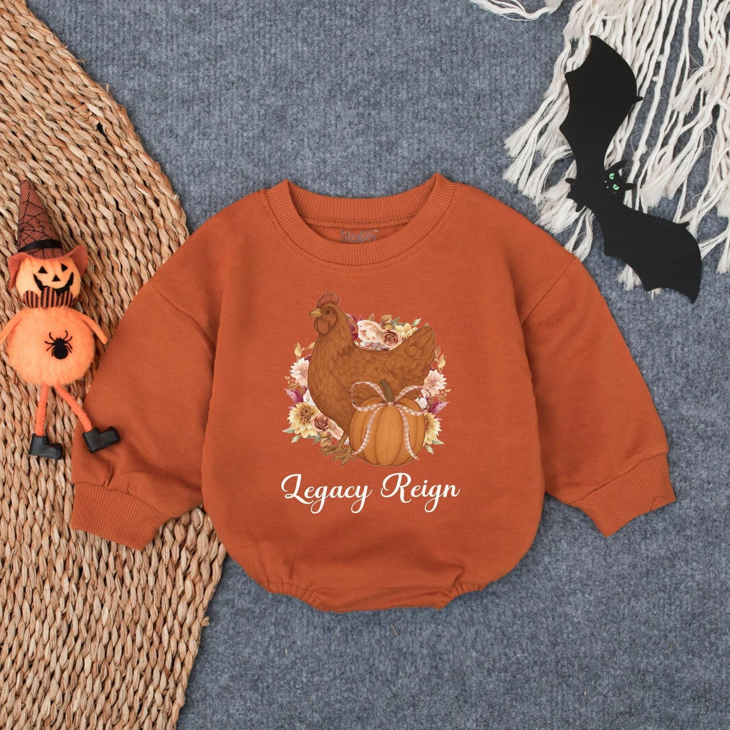 Hen & Pumpkin Thanksgiving Baby Romper, Fall Farm Girl Outfit with Bow, Autumn Infant Clothes, Legacy Reign Bodysuit, Rustic Shower Gift, 139 Chars