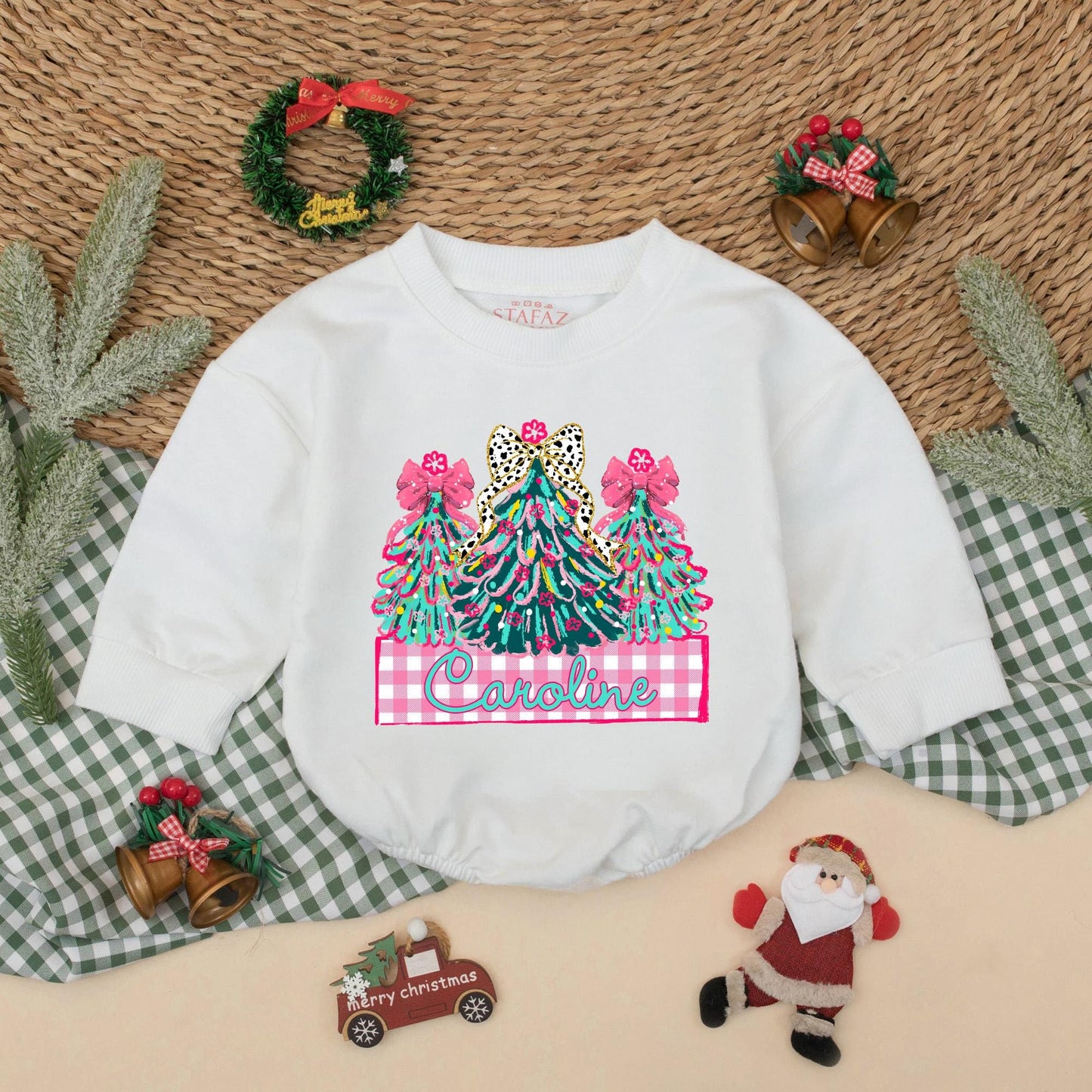 Personalized Caroline Christmas Romper Baby Girl Holiday Outfit with Decorated Trees & Pink Bows Toddler Xmas Gift