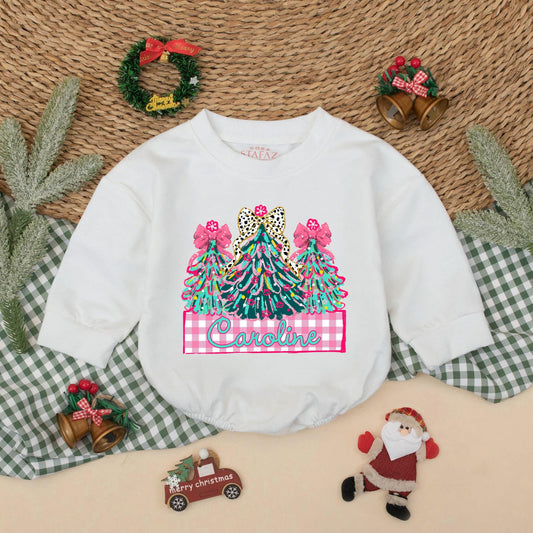 Personalized Caroline Christmas Romper Baby Girl Holiday Outfit with Decorated Trees & Pink Bows Toddler Xmas Gift