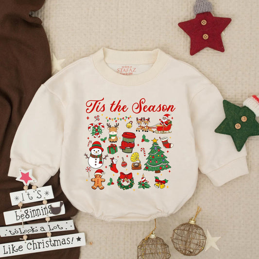 Tis the Season Christmas Baby Romper, Holiday Outfit Toddler Bodysuit, Santa, Reindeer, Snowman Design, Newborn Winter Clothes, Baby Shower Gift Set