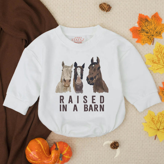 Raised in a Barn Baby Romper with Watercolor Horses, Cute Farm Outfit, Newborn Girl Clothes, Country Infant Bodysuit, Soft Cotton, Comfortable Gift 139