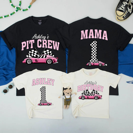 Personalized Pink Race Car Birthday Family Matching Shirts Two Fast Birthday Party Pit Crew Mama and Ashley's 1st Birthday Celebration