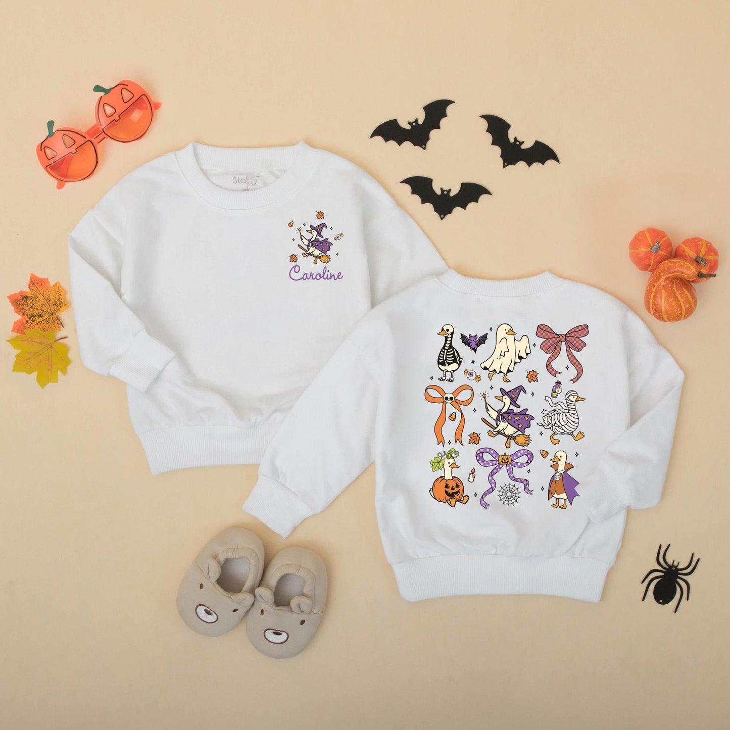 Personalized Whimsical Halloween Goose Bubble Romper with Witch Mummy Skeleton, Caroline Name, Orange Purple Bat Pumpkin Spooky Baby Toddler Outfit